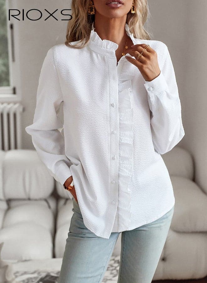 Women's Long Sleeve Ruffled Collar Shirts, Dressy Button Down Tops for Ladies, Fall Trendy Elegant Ruffle Work Casual Blouse for Business Dauly Wearing, White
