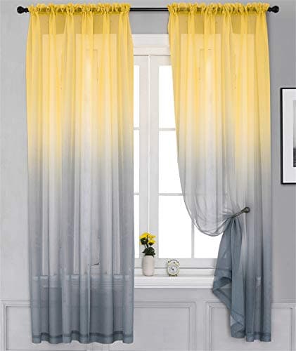 Yancorp Bedroom Curtains 84 inch Length Sheer Curtain Linen Yellow Grey Ombre Rod Pocket Drapes for Girls Living Room Mermaid Bedroom Nursery Kids Window Decor,1 Panel(Yellow Grey, 40"x84")