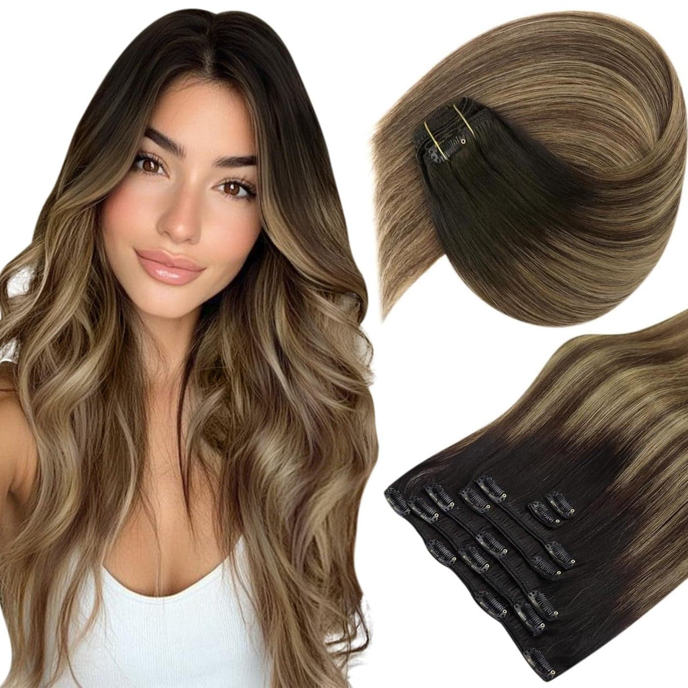 Sunny Hair Clip in Hair Extensions Straight Human Hair Clip in Extensions Remy Clip in Hair Extensions Real Human Hair Extensions Clip ins Black Ombre Dark Brown with Caramel Blonde 22inch