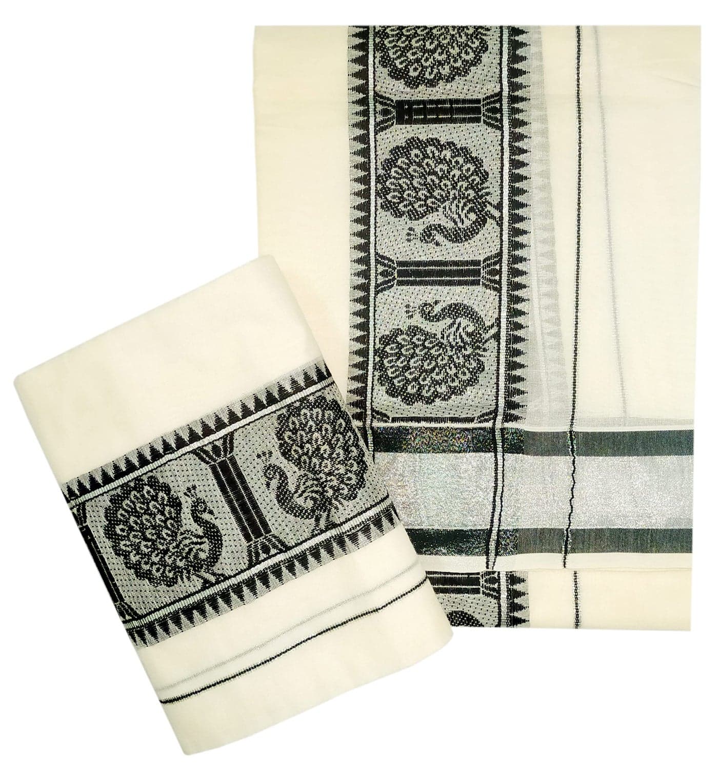 YETTALAN® Women's Kerala Traditional Cotton Set Mundu with Self Jacquard Work 2.80&2.00 Mtr (Black Peacock-Silver Jari)