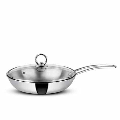Orange Triply Stainless Steel Fry Pan 1.1L Capacity with Riveted Cast Long Handle with Glass Lid | 20 cm Diameter | Heavy Bottom | Gas Stove and Induction Bottom Friendly | 5 Year Warranty.