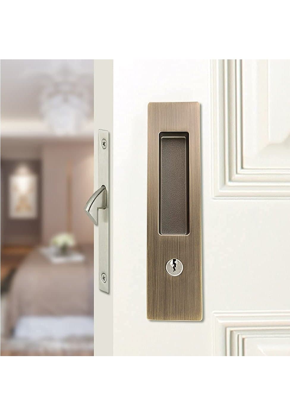 6.3 Privacy Pocket Door Lock Hardware with Key Recessed Sliding Mortise Lock, Double Barn Invisible Furniture for 38mm 55mm Thickness Bronze