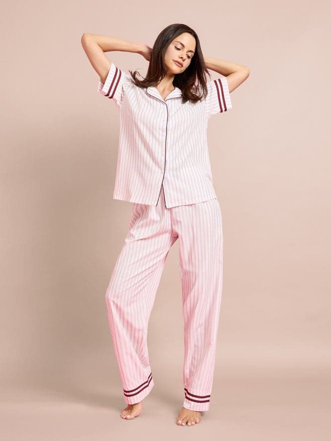 Styli Pink Striped Piped Shirt and Pyjama Set