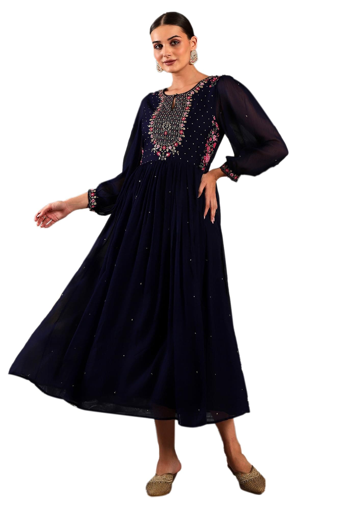 W Blue Floral Printed Synthetic Maxi Dress with Sequins for Women