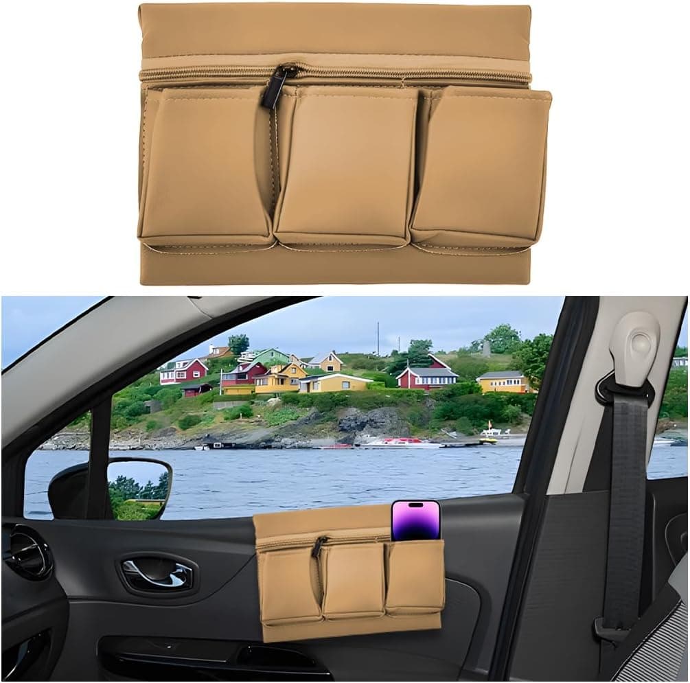 Mandark Car Window Armrest Storage Box - Leather Vehicle Side Door Organizer with Multiple Pockets (Beige)