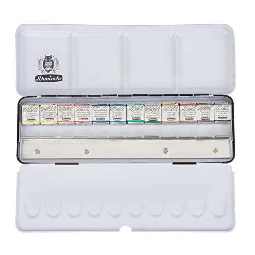 Schmincke - HORADAM AQUARELL Bestseller color box with 12 finest watercolors, 74412097, metal box, painting set, 12 x 1/2 pans, space for 12 additional 1/2 pans