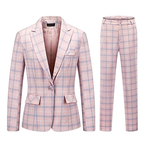 Womens 2 Piece Plaid Suits Set Business Office One Button Blazer Jacket Casual Long Sleeve Pant Suit Set(Pink,Large)
