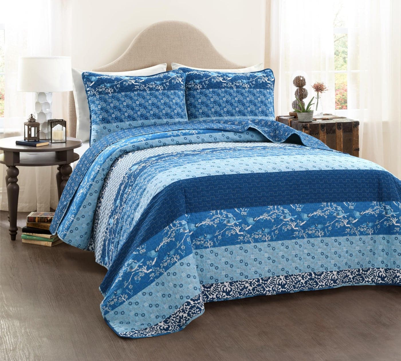 Lush Decor Royal Empire Reversible Cotton Quilt Set 3 Piece Striped Bedding Set Bold Colorful Bohemian Patterns Soft Cotton Feel Full Queen Navy