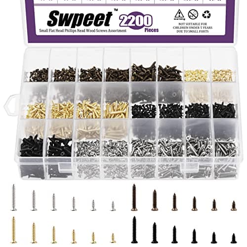 Swpeet 2200Pcs 4 Colors 5mm 6mm 8mm 10mm 12mm 16mm Wood Screws Assortment Kit, Assorted Mini Wood Screws Flat Cross Head Screws Self Drilling Screws Drywall Scews Wood Screws, Flat Head Screws