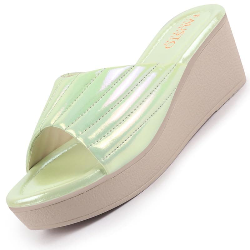 FAUSTO FST KI-662 GOLD-38 Women's Pink Glossy Open Toe Back Open Platform Slip On Sandal With Cushioned Footbed|Sandal For Broad Feet|Festive|Wedding (5 UK)