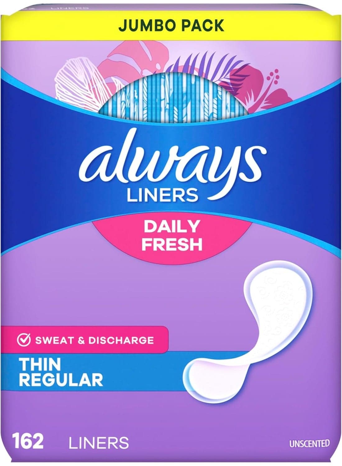 Thin Daily Panty Liners For Women, Light Absorbency, Unscented, 162 Count (Packaging May Vary)