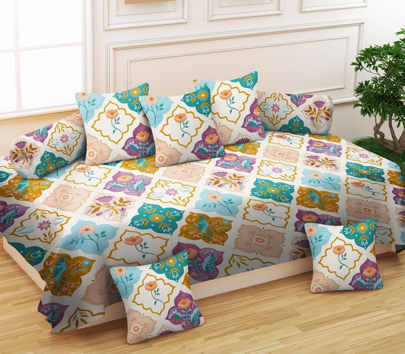 RUSTIC LINEN Diwan Set Cotton 8 Pc Deewan Printed Bedsheet Sets for Living Room Hall 1Bed Sheet 60x90 Inch 2Bolster Cover 16x32 Inch 5Cushion Cover 16x16 Inch Pink