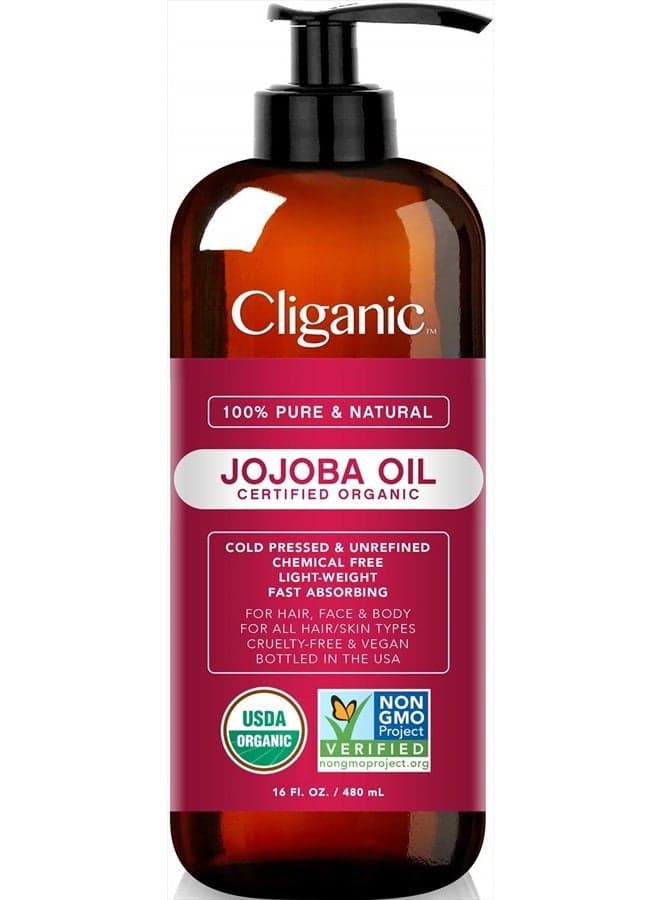 Organic Jojoba Oil 16 oz, 100% Pure | Bulk, Natural Cold Pressed Unrefined Hexane Free Oil for Hair & Face | Base Carrier Oil