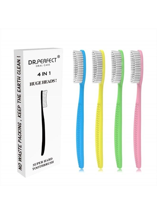 DR PEFECT Extra Hard & Firm Toothbrush BPA Free Large Long Head Whitening Teeth Pack of 4