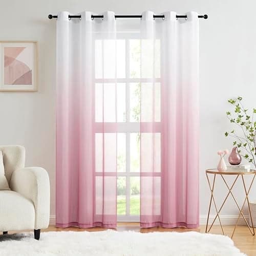 Pink Ombre Chiffon Sheer Curtains 90 Inch Long for Living Room Bedroom Decor, Crinkle Gradient Light Filtering Window Curtain Drapes for Girls Room, Garden, Yard Decor, Set of 2 Panels, Grommet Top