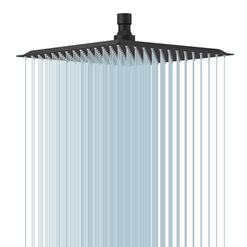 BESy 10 Inch Rain Shower Head, 10" Square Rainfall & High Pressure Stainless Steel Bath Showerhead, 1/16" Ultra Thin, Waterfall Full Body Coverage with Silicone Nozzle, Matte Black Finish