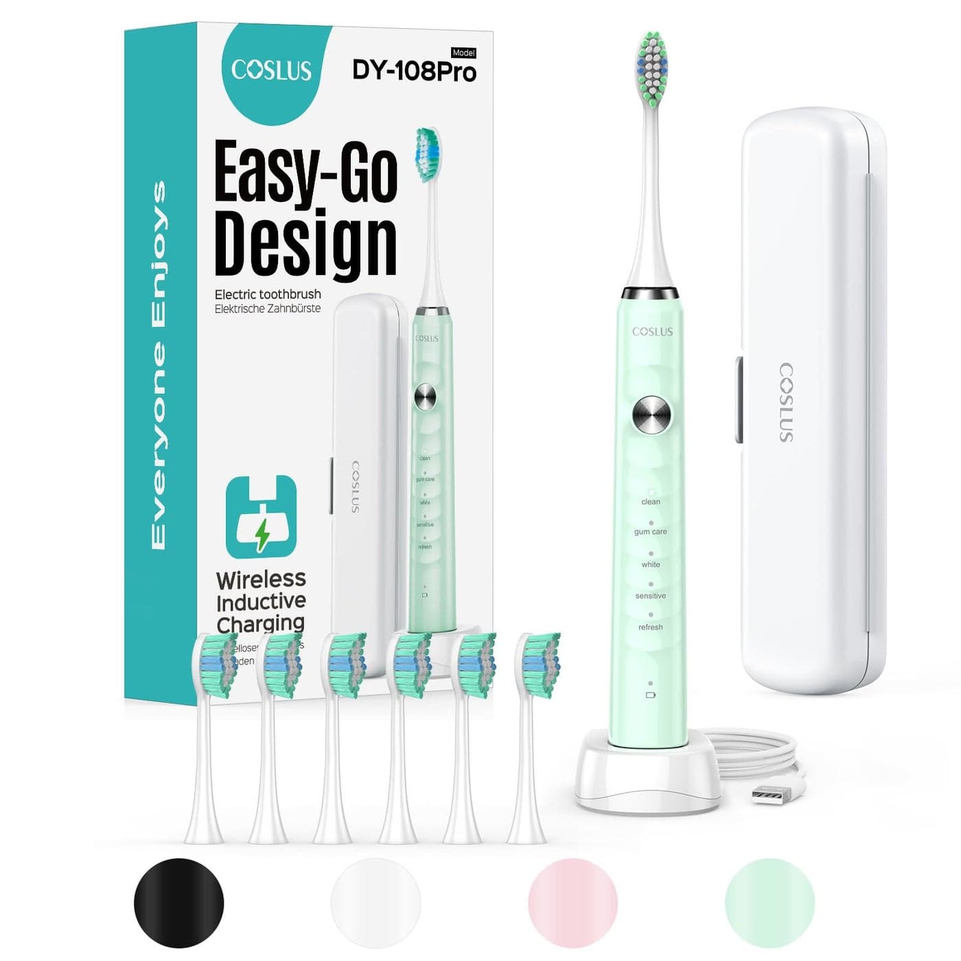 COSLUS Sonic Electric Toothbrush for Adults 47000 VPM for Deep Cleaning Whitening with Travel Case 5 Modes for Sensitive Teeth Braces Wireless Charging 6 Brush Heads for Home Family Green