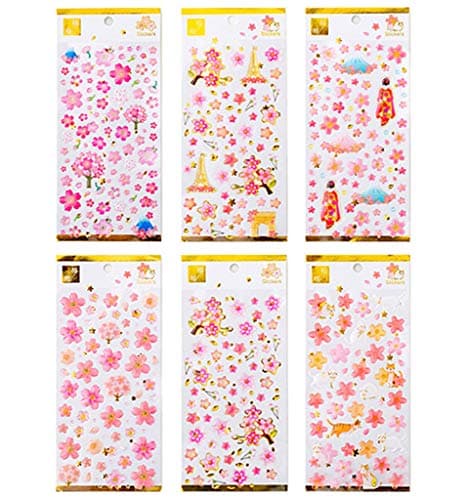 Kinteshun Sakura Scrapbooking StickersJapanese Style Selfadhensive DIY Decorative Cherry Blossoms 3D Epoxy Paster Decals Sticker for Scrapbooking or Card Making 6pcs with Different Patterns