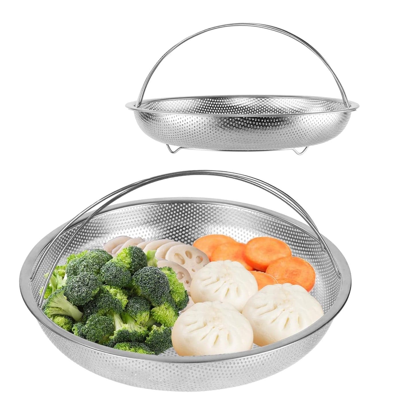 GOPAD Stainless Steel Pan Steamer Basket with Full Handle for Steaming Vegetables Fruits Vegetable Washing Plate Dishwasher Safe 1 Pcs