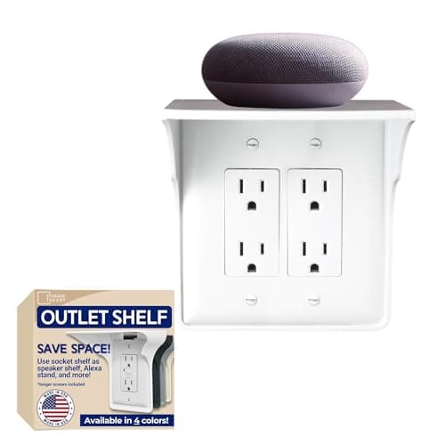 Power Perch Double Outlet Shelf with Cord Storage – Wall Outlet Shelf for Electric Toothbrush & Bathroom Organization – Small Wall Shelves for Apple Homepod Mini, Alexa Holder – White, 1-Pack