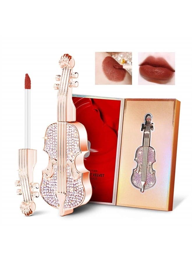Long Lasting Matte lipstick in Velvety Red, Unique Violin Appearance Design, Waterproof Durable Mist Liquid Lipstick with Gift Box