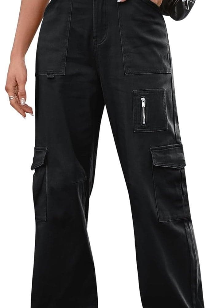 IVIR Women's High Waist Wide Leg Cargo Pants with 7 Pockets - Black