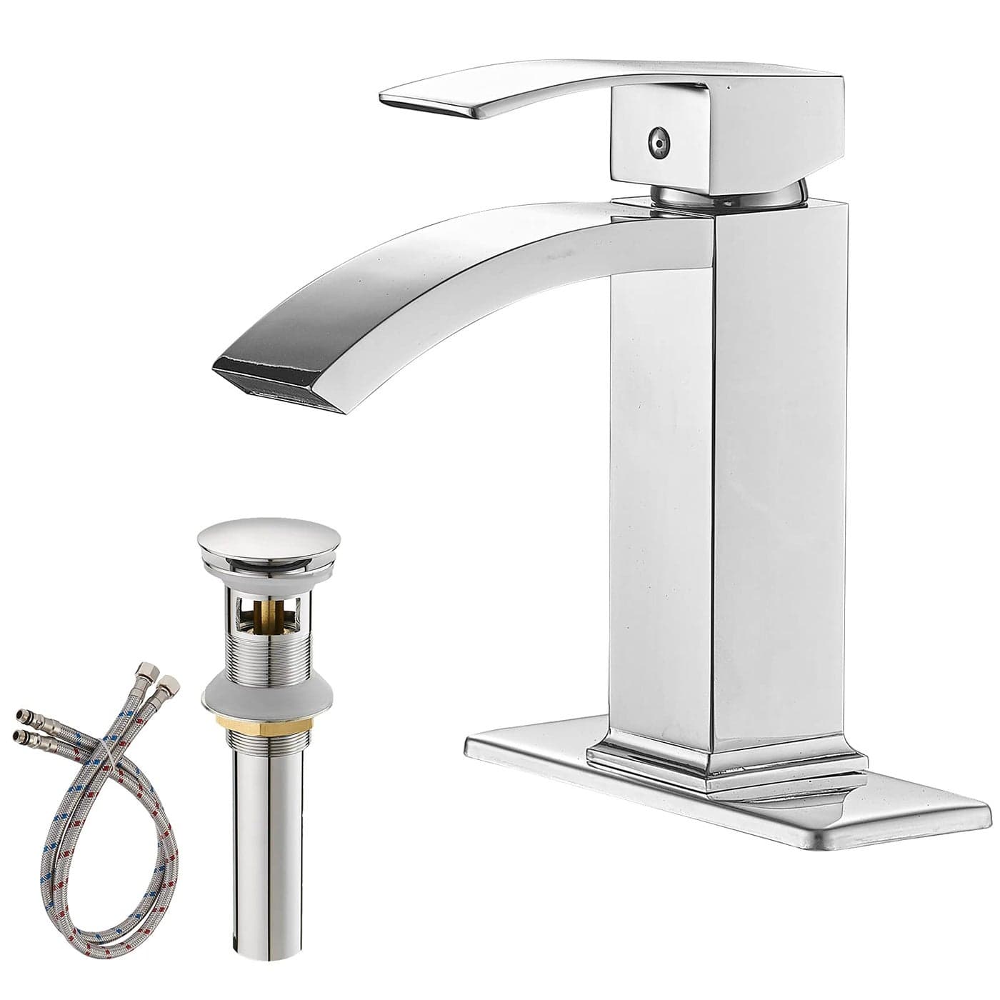 Greenspring Chrome Bathroom Sink Faucet Waterfall Bathroom Faucets 1 Hole Single Handle Waterfall Spout Brass Modern Lavatory Commercial Bath Vanity Bowl Faucets with Drain and Supply Line