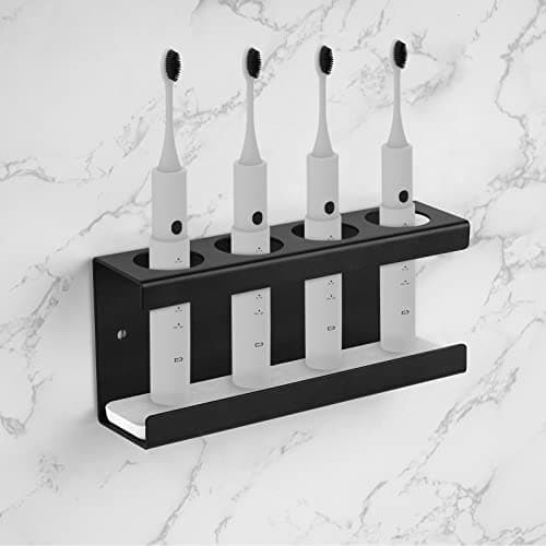 Adorila Wall Mounted Electric Toothbrush Holder, 4 Slots Stand with Diatomite Dish, Storage Rack Compatible with AquaSonic Black Series, Kingheroes Sonic, Oral-B (Black)