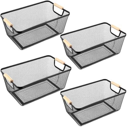 Ziliny 4 Pcs Metal Wire Basket with Wooden Handles Mesh Steel Storage Organizer Bin Containers for Home Organizing Cabinet Pantry Closet Kitchen Fridge Fruit Makeup Snacks GiftsLargeBlack