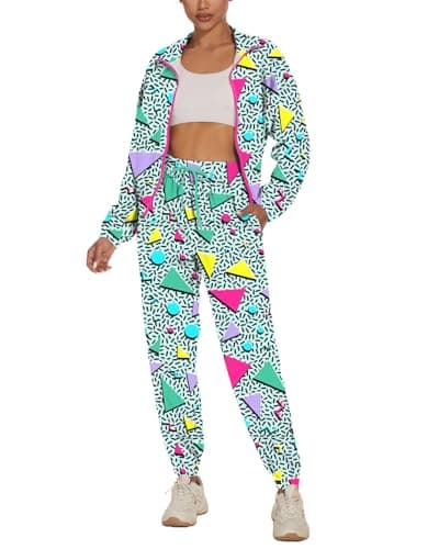 UOUA Women's Color Block 2 Piece 80s 90s Outfits Long Sleeve Windbreaker Jacket Tracksuit Set WhitePrint M
