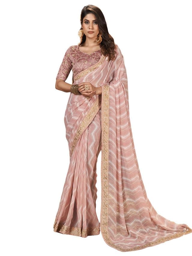 Satrani Women's Georgette Laheriya Printed & Embroidery Saree with Unstitched Blouse Piece (3252S588N_Dusty Pink4)