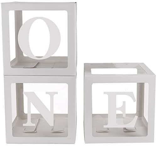 Sooyee First Birthday Decorations For Boy Or Girl 3 Pcs ONE Balloon Boxes For 1st Birthday Baby Clear Blocks Party Decor With ONE Letters For Photoshoot Props Cake Smash Backdrop