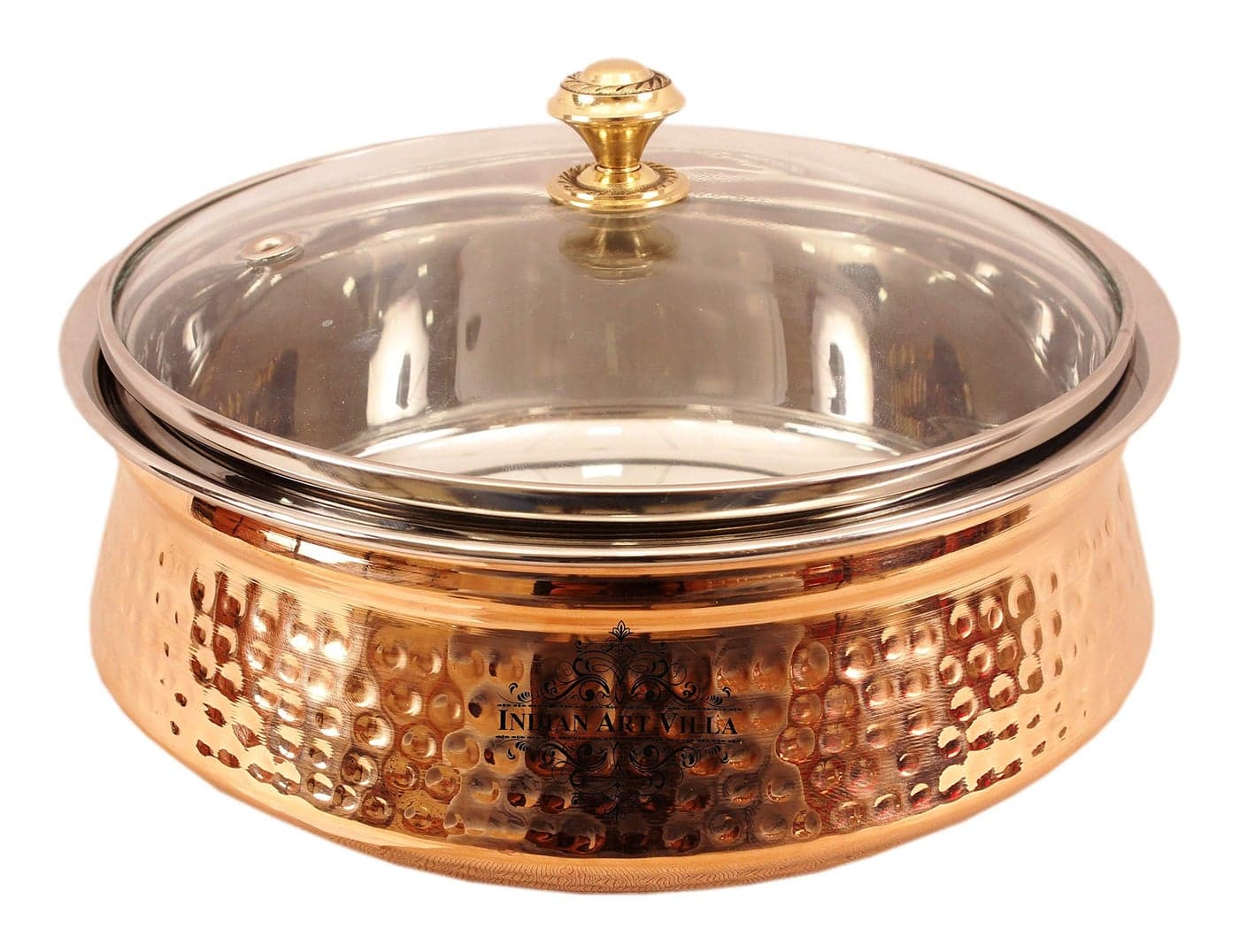 Indian Art Villa Steel Copper Serving Handi with Glass Lid 1400 ML - Serving Dishes Chicken Briyani Vegetables Home Hotel Restaurant Tableware Dishware