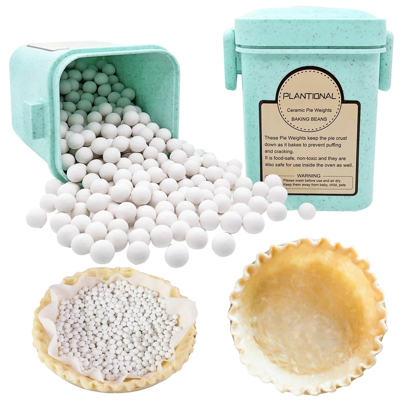 PLANTIONAL 132Lb Ceramic Pie Weights Reusable 10mm Baking Beads Pie Crust Weights with Wheat Straw Container Natural Ceramic Stoneware Baking Beans Pie Weights for Baking Crust Pastry Beige
