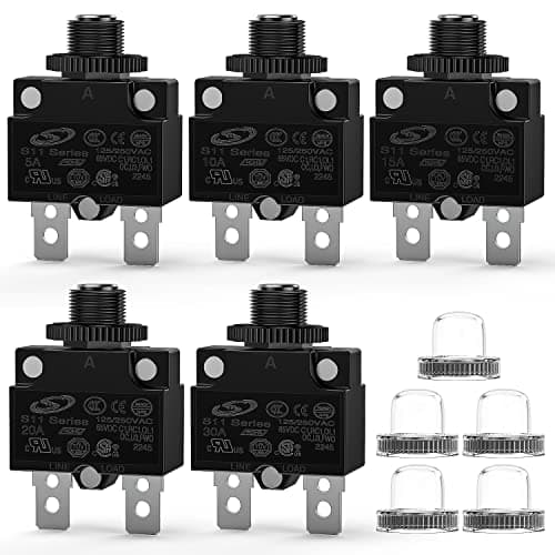 Nilight 5PCS Thermal Circuit Breaker 5A 10A 15A 20A 30A 125/250V AC 65V DC Push Button Manual Reset Thermal Overload Protector Waterproof Cap Auto Trip Resettable for Industrial 12-24V Auto Cars