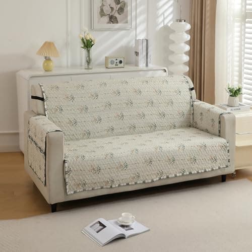 HOKIPO 'HomeHues Series' Quilted Printed Sofa Cover with Pockets for 2 Seater, Light Green Ash Gypsy Floral (IN-812-D5)