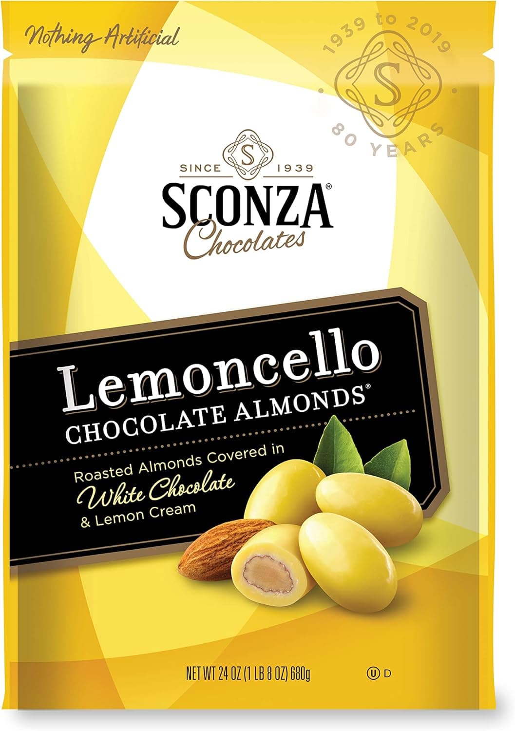 Sconza Lemoncello Chocolate Almonds - Roasted Almonds Covered in White Chocolate & Lemon Cream, 24 Ounce