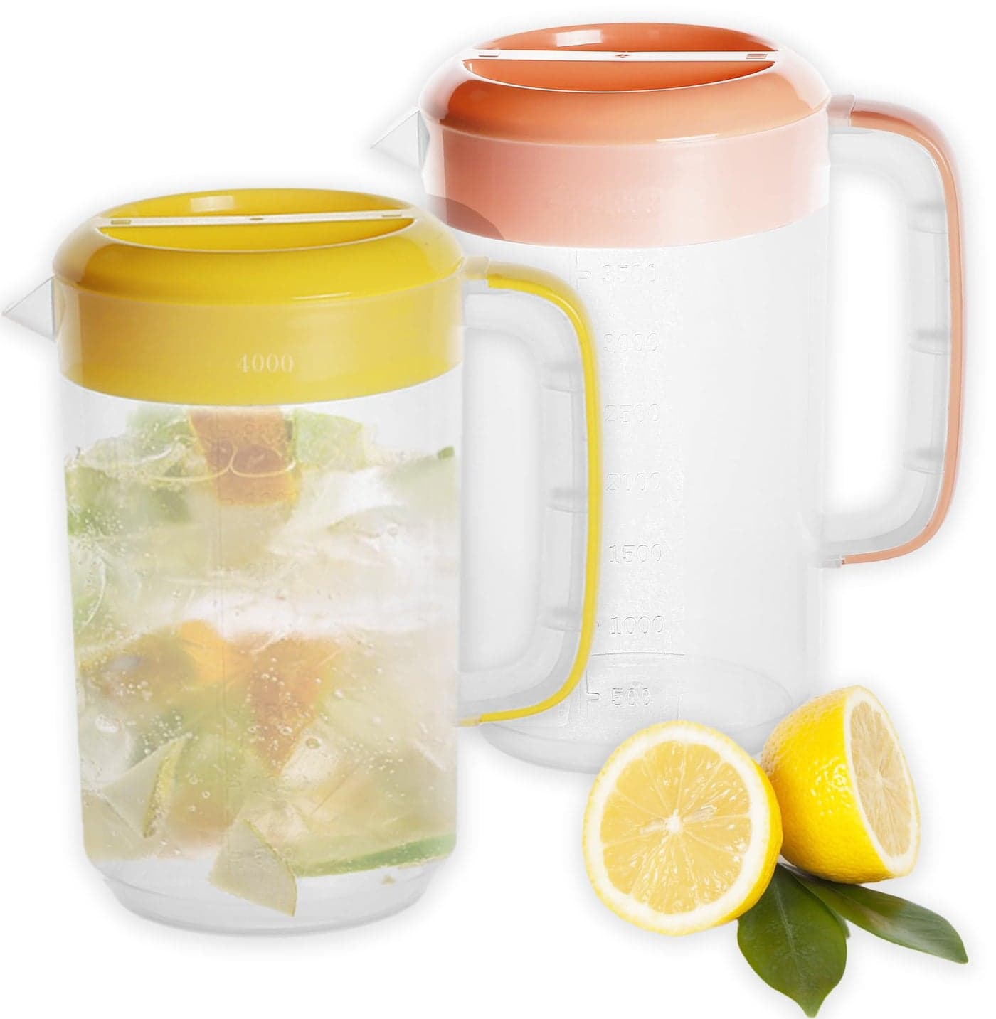 Nexboraque 2 Pack 1 Gallon Plastic Straining Pitcher with Lid - Large Water Pitcher with Handle and Measurements for Cold Drinks and Iced Tea - Pink, Yellow