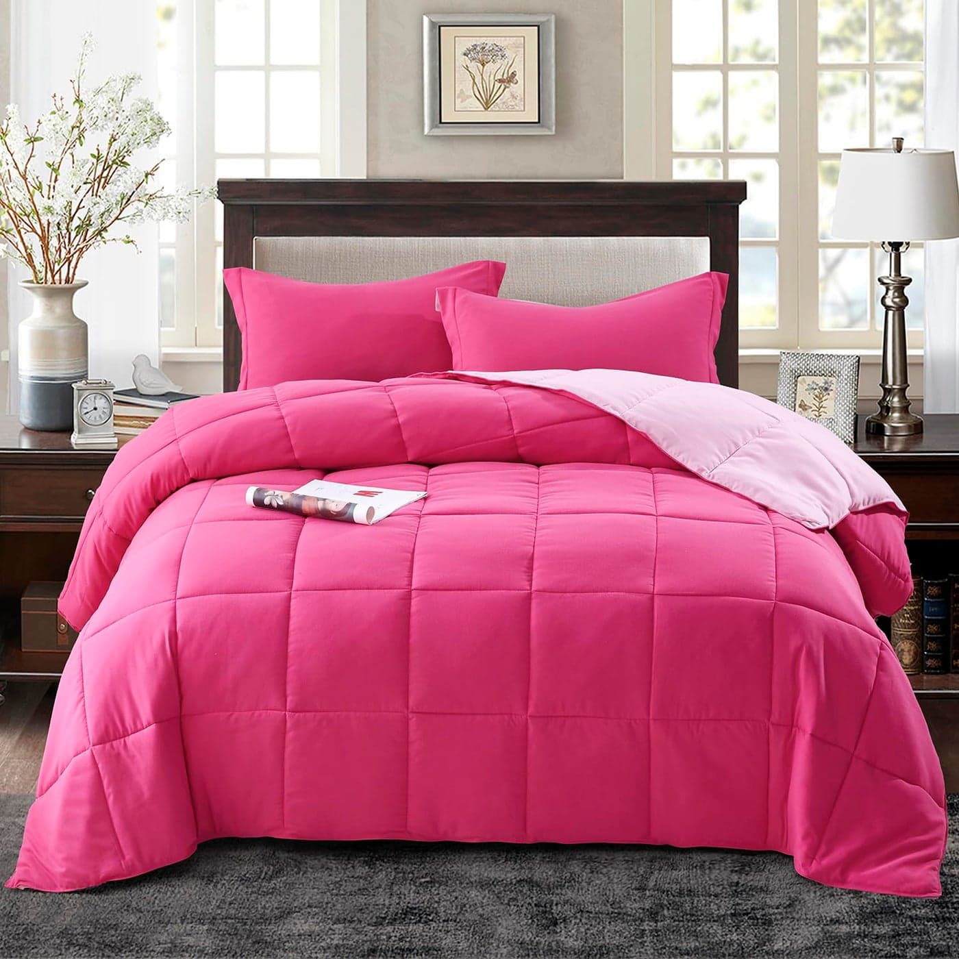HIG 3pc Pink TwinTwin XL Comforter Set All Season Reversible Down Alternative Bedding Comforter Quilted Duvet Insert with Corner Tabs Box Stitched Blanket Breathable Soft Fluffy