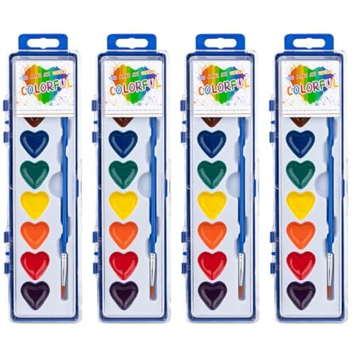ARTLYMERS 4 Pack Water Color Paint Sets for Kids 8 Colors Heart Watercolor Paint Set with Paintbrush Washable Valentines Gifts Art Supplies for Preschool Classroom Party Favor Prizes Exchange