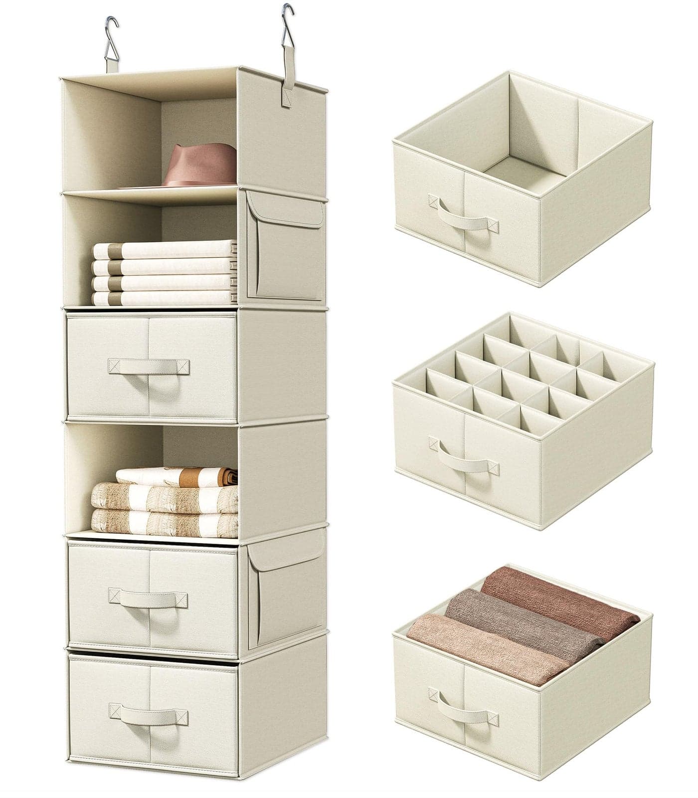 Vailando 6-Shelf Hanging Closet Organizer with 3 Drawers, 6-Shelf Inseparable Closet Organizers and Storage for Wardrobe Organization, Hanging Dresser for Nursury & Dorm Clothes Organizer, Beige