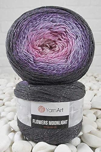 YarnArt Flowers Moonlight Glitter Cotton Yarn, Soft, Rainbow Crochet, Metallic Lurex handknit Shiny, Silvery Cake, Multicolor Cotton, 1 Skein Weight 9.17oz Lenght 393.7 inches, 1 Fine Yarn (3276)