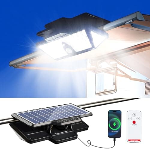 208LED High Bright Solar RV Lights Exterior, Clip on Solar RV Porch Light, 6000 mAh Camper Lights for Outside with Remote Control, Camping Light Outdoor Waterproof Motion Sensor for Camper Awning