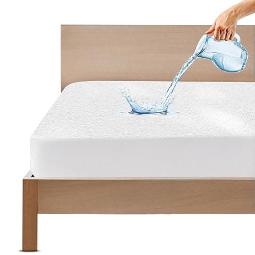 GADDA CO Cotton Feel Terry Ultra Soft 100% Waterproof Mattress Protector Double Bed, Breathable & Hypoallergenic Mattress Cover, Elastic Skirting Twin/Double Bed Cover - 75x48 inch (6.25x4 ft), White