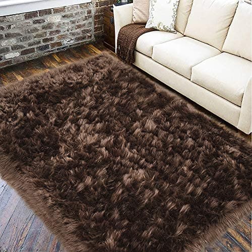 LOCHAS Soft Fluffy Faux Fur Rugs for Bedroom Bedside Rug 3x5 Feet, Washable, Furry Sheepskin Area Rug for Living Room Girls Room, Luxury Shag Carpet Home Decor, Brown