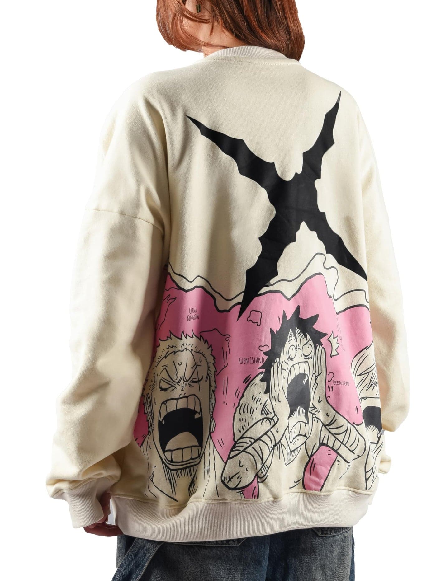 ComicSense.xyz Unisex Anime Oversized Sweatshirts for Men and Woman, Baka Trio Printed Drop Shoulder Cosplay Anime Sweatshirt - Medium Cream