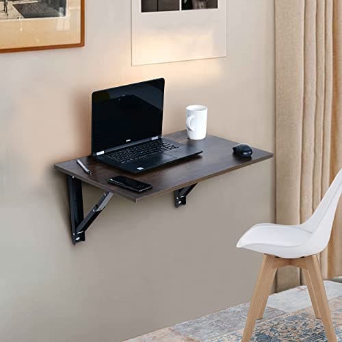 QARA Wall Mounted Folding Table - 24x16 Inch, Rustic Style, Brown Oak, Home Office, Study, Work from