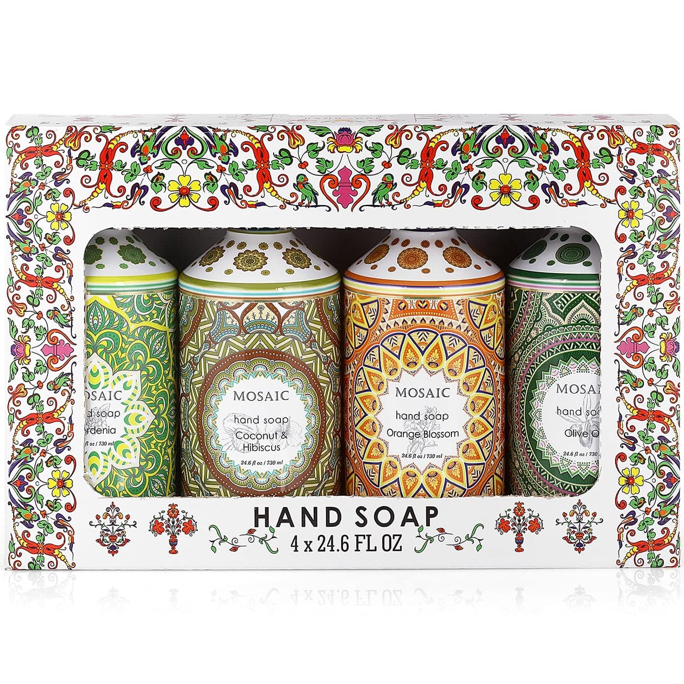 Mosaic Liquid Hand Soap Wash Gift Set Ideal Bathroom Kitchen Hand Soap Set Olive Oil Coconut Hibiscus Gardenia Orange Blossom 4 x 246 fl oz Each Liquid Soap Bottle