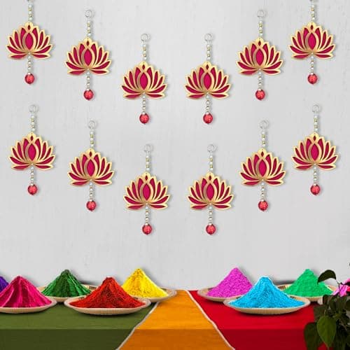 Party Propz Handmade Lotus Hangings for Decoration- 12 Pcs, 8 inch, Pooja Room Decorations Items, Temple Decorations Items, Pink Lotus Latkan for Haldi Decoration for Home Decor, Wedding Decor (MDF)