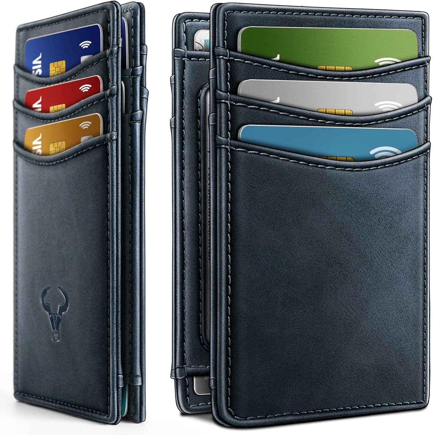Contacts Slim Leather Wallet for Men, 11 Card Slots 1 ID Window, RFID Blocking Minimalist Card Holder with Magnetic Closure & Simplified Bill Compartment (Blue)